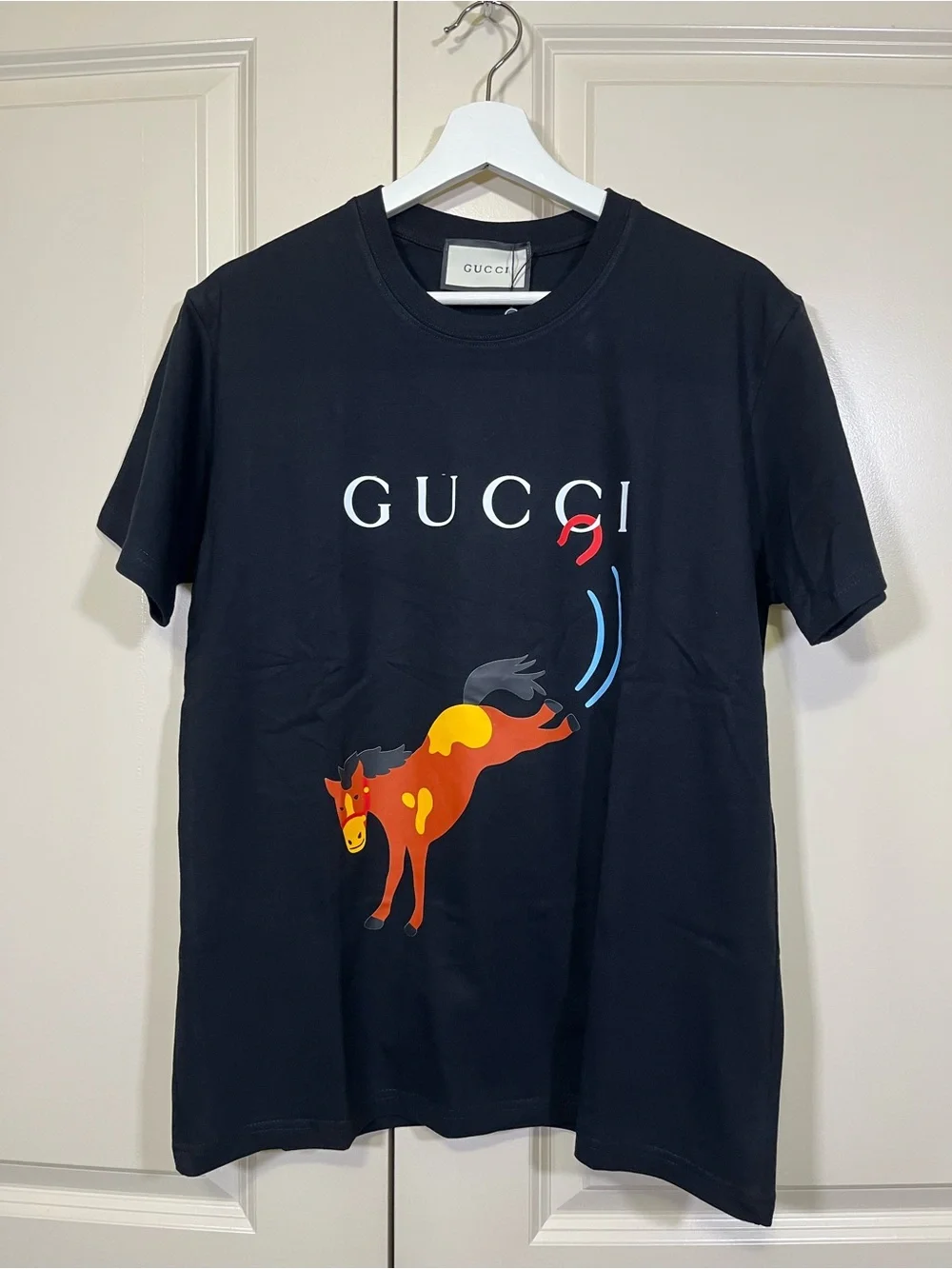 Gucci Black Tee with Colorful Horse Graphic and White Logo